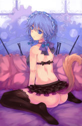 Rule 34 | 1girl, ass, back, bare arms, black thighhighs, blue eyes, blue hair, bow, bra, choker, clock, dead line, expressionless, highres, izayoi sakuya, looking at viewer, looking back, maid headdress, matching hair/eyes, microskirt, no panties, revision, sitting, skirt, solo, tail, thighhighs, touhou, underwear, wariza