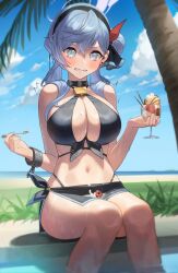 Rule 34 | 1girl, absurdres, ako (blue archive), bell, black hairband, blue archive, blue eyes, blue hair, blush, breasts, cherry, cleavage, commentary, day, english commentary, feet out of frame, food, frown, fruit, hair between eyes, hairband, highres, holding, large breasts, long hair, looking at viewer, navel, neck bell, outdoors, palm leaf, palm tree, sei!cho, sitting, solo, tree