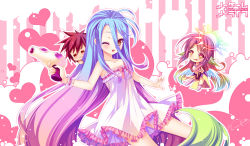 Rule 34 | 10s, 1boy, 2girls, ;d, = =, casual, chibi, closed eyes, spiked halo, copyright name, drooling, energy gun, gradient hair, grandia bing, halo, heart, heart-shaped pupils, heart background, holding, jibril (no game no life), long hair, multicolored hair, multiple girls, no game no life, one eye closed, open mouth, ray gun, red hair, shiro (no game no life), smile, sora (no game no life), symbol-shaped pupils, third-party source, very long hair, weapon, white wings, wings, wrist cuffs, yellow eyes