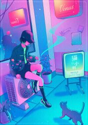 Rule 34 | 1girl, absurdres, air conditioner, artist name, baseball cap, black hair, black hat, black shorts, black socks, bob cut, border, cat, cigarette, covered eyes, floral print, full body, hat, highres, holding, holding cigarette, jacket, kneehighs, long sleeves, multicolored hair, neon lights, open clothes, open jacket, original, outdoors, parted lips, plant, potted plant, print jacket, reflection, shoes, short hair, short shorts, shorts, sign, sitting, smoke, smoking, sneakers, socks, solo, streaked hair, wacca005