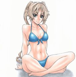 1girl angelica_diarmuit barefoot bikini blonde_hair blue_bikini closed_mouth crossed_legs green_eyes highres long_hair looking_at_viewer navel ogino_ken shadow shinmai_ossan_bokensha simple_background sitting smile solo swimsuit twintails very_long_hair white_background