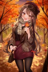 Rule 34 | 1girl, :d, absurdres, aina 156cm, autumn, autumn leaves, bag, blurry, blurry background, bow, breasts, brown bag, brown bow, brown eyes, brown jacket, brown pantyhose, commentary request, cowboy shot, falling leaves, fang, hat, hat bow, high-waist skirt, highres, huge filesize, jacket, leaf, long hair, long sleeves, looking at viewer, maple leaf, medium breasts, nature, open clothes, open jacket, open mouth, original, outdoors, pantyhose, pencil skirt, red skirt, scarf, shirt tucked in, shoulder bag, skirt, smile, solo, sweater, tree