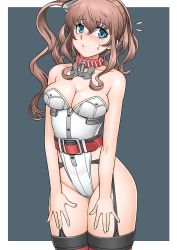 Rule 34 | 10s, 1girl, adapted costume, anchor, bare shoulders, belt, blue eyes, blush, breasts, brown hair, choker, cleavage, cowboy shot, flying sweatdrops, garter belt, garter straps, highres, kantai collection, leotard, long hair, looking at viewer, medium breasts, ponytail, red belt, red thighhighs, saratoga (kancolle), shigenobu, side ponytail, solo, standing, strapless, strapless leotard, thighhighs, white leotard