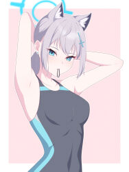 Rule 34 | 1girl, animal ear fluff, animal ears, arms behind head, black one-piece swimsuit, blue archive, blue eyes, breasts, competition swimsuit, covered navel, cross hair ornament, extra ears, grey hair, hair ornament, halo, highres, low ponytail, madoka (user zrnk8278), medium breasts, medium hair, mismatched pupils, mouth hold, multicolored clothes, multicolored swimsuit, official alternate costume, one-piece swimsuit, pink background, shiroko (blue archive), shiroko (swimsuit) (blue archive), solo, swimsuit, two-tone background, upper body, wolf ears