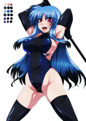 Rule 34 | 1girl, armpits, black gloves, black thighhighs, blue hair, blush, breasts, cameltoe, covered erect nipples, elbow gloves, gloves, highres, large breasts, long hair, looking at viewer, lyrical nanoha, mahou shoujo lyrical nanoha, mahou shoujo lyrical nanoha a&#039;s, mahou shoujo lyrical nanoha a&#039;s portable: the battle of aces, levi the slasher, open mouth, purple eyes, sideboob, simple background, smile, tappa (esperanza), thighhighs, white background