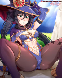 Rule 34 | 1girl, absurdres, arm support, artist name, ass, black hair, breasts, choker, detached sleeves, genshin impact, hair between eyes, hat, highres, leotard, long hair, looking at viewer, mona (genshin impact), navel, outdoors, pantyhose, parted lips, patreon username, small breasts, solo, teeth, twintails, vilde loh hocen, watermark, witch hat