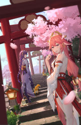 Rule 34 | 2girls, absurdres, animal ears, black legwear, braid, breasts, cherry blossoms, cherry tree, detached sleeves, earrings, falling petals, flower, fox ears, fox shadow puppet, genshin impact, hair flower, hair ornament, highres, japanese clothes, jewelry, kimono, kitsune, long hair, looking at another, looking at viewer, low-braided long hair, low-tied long hair, medium breasts, miko, mouma, multiple girls, off shoulder, open mouth, outdoors, petals, pink hair, purple eyes, purple hair, purple kimono, raiden shogun, shirt, shrug (clothing), sky, sleeveless, sleeveless shirt, smile, stairs, stone stairs, thighhighs, torii, vision (genshin impact), white shirt, wide sleeves, yae miko