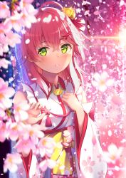 Rule 34 | 1girl, absurdres, ahoge, bare shoulders, blush, cherry blossom print, cherry blossoms, detached sleeves, floral print, green eyes, hair between eyes, hair ornament, hairclip, highres, hololive, huge filesize, long hair, looking at viewer, parted lips, petals, pink hair, sakura miko, sakura miko (1st costume), solo, unwitherer, upper body, virtual youtuber, wide sleeves, x hair ornament