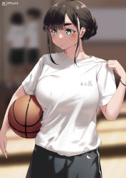 Rule 34 | 1girl, artist name, ball, basketball, basketball (object), black hair, black shorts, blue eyes, blurry, blurry background, blush, bracelet, braid, braided bun, breasts, closed mouth, clothes writing, commentary request, depth of field, gym shirt, gym shorts, gym uniform, hair bun, holding, holding ball, jewelry, jonsun, large breasts, looking to the side, original, shirt, shirt tug, short sleeves, shorts, sidelocks, solo focus, standing, tamami (jonsun), white shirt