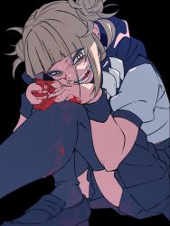 Rule 34 | 1girl, black background, black footwear, black legwear, black skirt, blonde hair, blood, blood on clothes, blood on face, blood on hands, boku no hero academia, hair up, hand on hand, highres, looking at viewer, messy hair, open mouth, school uniform, shirikon, short hair, simple background, sitting, skirt, smile, smirk, solo, toga himiko, uniform, yellow eyes