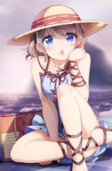 Rule 34 | 10s, 1girl, blue eyes, blurry, blush, dated, depth of field, grey hair, happy birthday, hat, looking at viewer, love live!, love live! school idol festival, love live! sunshine!!, micopp, ocean, open mouth, short hair, solo, sparkle, straw hat, watanabe you