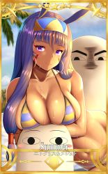 Rule 34 | 1girl, blush, breast press, cloud, dark-skinned female, dark skin, day, earrings, facial mark, fate/grand order, fate (series), hairband, highres, jewelry, looking at viewer, lying, medjed (fate), navel, nitocris (fate), on side, palm tree, purple eyes, purple hair, skindentation, sky, smile, tree, wet, zukky