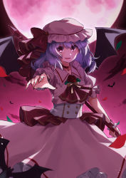 Rule 34 | 1girl, absurdres, ameria (artist), ascot, bat (animal), bat wings, black wings, blue hair, bow, buttons, collared shirt, cowboy shot, eyelashes, eyes visible through hair, fang, fingernails, flower, frilled skirt, frills, full moon, hat, hat ribbon, highres, holding, holding polearm, holding weapon, medium hair, mob cap, moon, nail polish, open mouth, outdoors, pink hat, pink shirt, pink skirt, polearm, puffy short sleeves, puffy sleeves, red ascot, red eyes, red flower, red nails, red ribbon, red rose, red sky, remilia scarlet, ribbon, rose, sharp fingernails, shirt, short sleeves, skirt, sky, spear, touhou, weapon, wings, wrist cuffs, yellow bow