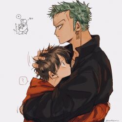 Rule 34 | 2boys, ?, arm around waist, black hair, black jacket, chibi, chibi inset, closed mouth, couple, earrings, face to pecs, from side, green hair, grey background, hand in another&#039;s hair, hand on another&#039;s head, hands on another&#039;s back, heart, height difference, hood, hoodie, hug, jacket, jewelry, karakuni02, looking ahead, looking at another, looking up, male focus, monkey d. luffy, multiple boys, one piece, orange hoodie, roronoa zoro, ruffling hair, sideburns, simple background, single earring, speech bubble, spoken question mark, thought bubble, translated, upper body, yaoi