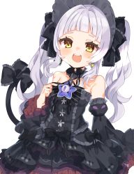 Rule 34 | absurdres, bad id, bad pixiv id, black dress, blunt bangs, blush, bonnet, bow, breasts, brooch, cat tail, center frills, choker, collarbone, criss-cross halter, detached sleeves, dress, dress bow, frilled choker, frilled dress, frilled ribbon, frills, gothic lolita, hair ribbon, halter dress, halterneck, highres, hololive, huge filesize, jewelry, layered dress, lolita fashion, long hair, looking at viewer, murasaki shion, murasaki shion (gothic lolita), noi mine, open mouth, pinstripe dress, pinstripe pattern, ribbon, short eyebrows, sidelocks, silver hair, sleeveless, sleeveless dress, smile, solo, star (symbol), striped, tail, tail bow, tail ornament, teeth, twintails, upper teeth only, virtual youtuber, wide sleeves, yellow eyes