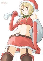 Rule 34 | 1girl, bare shoulders, belt, blonde hair, blush, bow, bowtie, breasts, brown thighhighs, closed mouth, cowboy shot, elbow gloves, fur trim, garter straps, gloves, hat, ichii yui, long hair, low twintails, medium breasts, midriff, navel, red gloves, red skirt, sack, santa costume, santa hat, signature, simple background, skirt, solo, standing, strapless, thighhighs, tube top, twintails, umiroku, white background, yellow eyes, yuyushiki