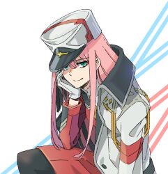 Rule 34 | 1girl, closed mouth, commentary, darling in the franxx, dress, gloves, green eyes, hand on own cheek, hand on own face, hat, highres, jacket, long hair, long sleeves, looking at viewer, military, military uniform, peaked cap, pink hair, red dress, rioco, simple background, sitting, smile, solo, uniform, white background, white gloves, white hat, white jacket, zero two (darling in the franxx)