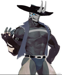 Rule 34 | 1boy, abs, arm belt, bara, bare pectorals, belt, black belt, blue eyes, bone horns, briefs, bulge, chest harness, colored skin, cowboy hat, cowboy western, crotchless, crotchless pants, feet out of frame, glowing, glowing eye, grey skin, hand up, harness, hat, large pectorals, looking at viewer, male focus, male underwear, mask, monster boy, muscular, muscular male, navel, no nipples, original, pants, pectorals, shirt, skull mask, solo, standing, stomach, thick thighs, thighs, torn clothes, torn shirt, underwear, unfinished, yuuko (yuuko891)
