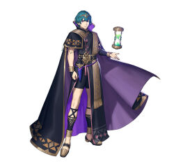 Rule 34 | 1boy, blue eyes, blue hair, byleth (fire emblem), byleth (male) (fire emblem), cape, fire emblem, fire emblem: three houses, fire emblem heroes, hourglass, looking at viewer, male focus, nintendo, official alternate costume, purple cape, solo