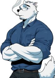 Rule 34 | 1boy, animal ears, bara, black pants, cat ears, cat tail, cigarette, collared shirt, crossed arms, facial hair, feet out of frame, formal, furry, furry male, glasses, goatee, highres, large pectorals, leather belt, looking at viewer, male focus, mature male, muscular, muscular male, original, pants, pectorals, raised eyebrows, shirt, short hair, sleeves rolled up, smoke, smoking, solo, tail, tight clothes, tight shirt, wasp (anthyutena), white background, white fur