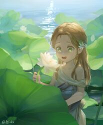 1girl :d alicks_(pixiv_19241330) artist_name brown_hair flower glint hair_flower hair_ornament highres holding holding_flower la_source_(reverse:1999) long_hair looking_at_flowers lotus lotus_leaf nature open_mouth outdoors plant reverse:1999 single_bare_shoulder single_off_shoulder smile solo storage_pot sunlight tunic upper_body water wet white_flower