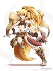Rule 34 | 1girl, absurdres, animal ears, arrow (projectile), bare shoulders, belt, blonde hair, boots, bow (weapon), breasts, cape, dagger, fingerless gloves, flat chest, fox ears, fox tail, gloves, highres, knife, leg lift, long hair, midriff, navel, original, ponytail, puretails, red eyes, simple background, solo, tail, tattoo, test tube, underboob, weapon