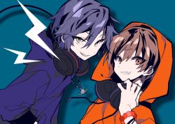Rule 34 | 2boys, blue background, brown eyes, brown hair, commentary request, from side, grin, headphones, headphones around neck, hood, hood down, hood up, hoodie, jewelry, looking at viewer, male focus, mochizuki kei, multiple boys, necklace, orange hoodie, original, purple hair, purple hoodie, simple background, smile, v-shaped eyebrows