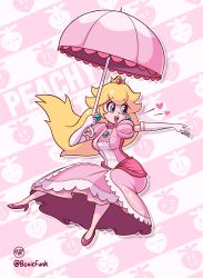 Rule 34 | 1girl, :d, :o, = =, absurdres, artist name, blonde hair, blue eyes, boxicfunk, breasts, brooch, catchphrase, crown, dress, earrings, elbow gloves, eyelashes, full body, gloves, heart, highres, holding, holding umbrella, jewelry, lips, long hair, mario (series), medium breasts, multicolored umbrella, nintendo, no socks, o o, open hand, open mouth, outline, outstretched arm, parasol, pink background, pink dress, pink footwear, pink lips, pink umbrella, princess, princess peach, puffy short sleeves, puffy sleeves, ring, short sleeves, silhouette, smile, solo, super mario bros. 1, super smash bros., teeth, turnip, twitter username, umbrella, upper teeth only, white background, white gloves, white outline, white umbrella