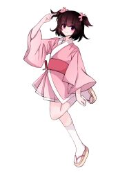 Rule 34 | 1girl, absurdres, amithi, arm up, black hair, blush, commentary request, flower, full body, hair flower, hair ornament, highres, japanese clothes, kimono, looking at viewer, partial commentary, pink eyes, pink kimono, pink skirt, sandals, short hair, short kimono, simple background, skirt, smile, socks, solo, standing, standing on one leg, sword, tachi-e, two side up, vocaloid, vy1, weapon, white background, white socks