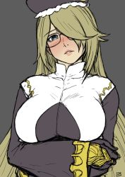 Rule 34 | 1girl, blonde hair, bloodstained: ritual of the night, blue eyes, blush, breasts, crossed arms, dominique (bloodstained), finalcake, glasses, hair over one eye, hat, highres, large breasts, lips, long hair, one eye covered, portrait, simple background, sketch, solo