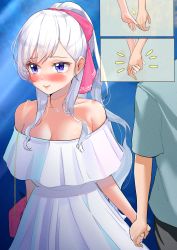 Rule 34 | 1boy, 1girl, absurdres, azur lane, bag, bare shoulders, belfast (azur lane), black pants, blue shirt, blush, breasts, casual, cleavage, collarbone, commentary request, couple, dress, hair ribbon, handbag, highres, holding hands, jewelry, large breasts, long hair, marumai, necklace, nose blush, off-shoulder dress, off shoulder, pants, pink purse, pink ribbon, purple eyes, ribbon, shirt, short dress, sidelocks, silver hair, smile, solo focus, t-shirt