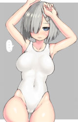Rule 34 | 10s, 1girl, alternate costume, blue eyes, breasts, competition swimsuit, hair ornament, hair over one eye, hairclip, hamakaze (kancolle), kantai collection, kurogane daichi, one-piece swimsuit, short hair, silver hair, solo, swimsuit