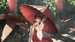Rule 34 | 1girl, absurdres, ascot, bird, blurry, bow, brown hair, closed mouth, commentary, depth of field, detached sleeves, facing viewer, frilled bow, frilled hairband, frills, hair bow, hairband, hakama, hakama skirt, hakurei reimu, hand up, hedge, highres, holding, holding umbrella, japanese clothes, light smile, looking to the side, medium hair, red bow, red eyes, red skirt, red vest, ribbon-trimmed sleeves, ribbon trim, ryosios, sidelocks, skirt, skirt set, solo, stairs, torii, touhou, umbrella, upper body, vest, white sleeves, wide sleeves, yellow ascot