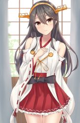 Rule 34 | 1girl, bare shoulders, black hair, blush, brown eyes, closed mouth, collarbone, cowboy shot, detached sleeves, hair between eyes, hair ornament, hairband, hairclip, haruna (kancolle), headgear, highres, japanese clothes, kantai collection, long hair, monoku, nontraditional miko, pleated skirt, red skirt, ribbon-trimmed sleeves, ribbon trim, skirt, smile, solo, wide sleeves, window