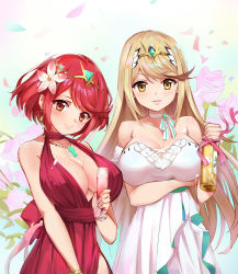 Rule 34 | 2girls, alcohol, alternate costume, bangle, blush, bottle, bracelet, breasts, choker, cleavage, collarbone, cup, dress, drinking glass, dual persona, earrings, evening gown, floral background, flower, gem, hair flower, hair ornament, halter dress, halterneck, heart, heart earrings, highres, holding, holding bottle, jewelry, kiiro kimi, large breasts, layered dress, long hair, looking at viewer, multiple girls, mythra (xenoblade), necklace, nintendo, orange eyes, parted lips, pelvic curtain, pendant, petals, pink flower, pink rose, pyra (xenoblade), red dress, red hair, rose, rose petals, short hair, sidelocks, sleeveless, sleeveless dress, smile, strapless, strapless dress, swept bangs, symmetrical hand pose, tiara, very long hair, white choker, white dress, xenoblade chronicles (series), xenoblade chronicles 2