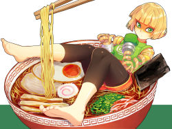 Rule 34 | 1girl, arms (game), barefoot, beanie, blonde hair, bowl, chinese clothes, chopsticks, facepaint, feet, food, full body, green eyes, hat, kibamigohann, leggings, leggings under shorts, looking at viewer, mask, min min (arms), no shoes, noodles, pantyhose, partially submerged, plate, ramen, short hair, shorts, soles, solo, soup, toes
