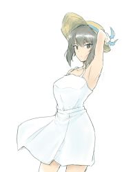 Rule 34 | 10s, 1girl, armpits, brown eyes, brown hair, commentary request, cowboy shot, dress, girls und panzer, halcon, hand on headwear, hat, highres, looking at viewer, nishizumi maho, simple background, sleeveless, sleeveless dress, solo, spaghetti strap, sun hat, sundress, white background, wind, wind lift