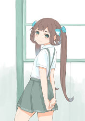 Rule 34 | 1girl, absurdres, asagumo (kancolle), brown hair, collarbone, commentary request, cowboy shot, dress shirt, green eyes, grey skirt, hair ribbon, highres, kantai collection, long hair, looking at viewer, pleated skirt, ribbon, school uniform, shirt, skirt, solo, standing, suspender skirt, suspenders, toplow, twintails, white shirt