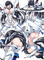 Rule 34 | 1girl, absurdres, ass, bent over, black hair, blue eyes, boots, breasts, high heels, highres, junketsu, kamui (kill la kill), katana, kill la kill, kiryuuin satsuki, large breasts, long hair, looking at viewer, multiple views, navel, revealing clothes, shimure (460), shiny skin, simple background, standing, sword, thick eyebrows, thigh boots, thighhighs, weapon, white background, white thighhighs