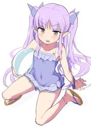 Rule 34 | 1girl, ball, bare arms, bare legs, bare shoulders, beachball, blue ribbon, blue one-piece swimsuit, blush, collarbone, covered navel, full body, hair ribbon, hokuhokutou, kyoka (princess connect!), long hair, looking at viewer, one-piece swimsuit, pointy ears, princess connect!, princess connect!, purple hair, ribbon, sandals, simple background, sitting, solo, sweat, swimsuit, twintails, wavy mouth, white background, yellow eyes