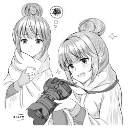 Rule 34 | 1girl, 3:, :d, absurdres, bad id, bad pixiv id, blush, camera, cellphone, closed mouth, greyscale, hair between eyes, hair bun, highres, holding, holding camera, holding phone, long sleeves, minakami tansan, monochrome, multiple views, open mouth, phone, shawl, shima rin, single hair bun, smartphone, smile, sparkle, squiggle, sweatdrop, thought bubble, translation request, white background, yurucamp