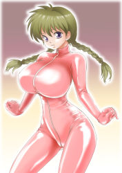 Rule 34 | 1girl, bodysuit, braid, breasts, brown hair, chikaburo, full-length zipper, highres, kyoukai no rinne, large breasts, latex, latex suit, long hair, looking at viewer, mamiya sakura, parted lips, purple eyes, shiny clothes, skin tight, solo, standing, twin braids, twintails, zipper