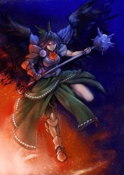 Rule 34 | 1girl, adapted costume, armor, asymmetrical clothes, baten (gei-vorugu), black hair, black wings, bow, breasts, feathered wings, flail, hair bow, highres, long hair, mace, manly, medieval, morning star, muscular, red eyes, reiuji utsuho, shirt, short sleeves, skirt, smile, solo, spiked mace, spikes, third eye, touhou, weapon, white shirt, wings
