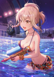 Rule 34 | 1girl, :d, bad id, bad pixiv id, bare shoulders, bikini, blonde hair, breasts, cleavage, in water, jewelry, large breasts, looking to the side, love live!, love live! nijigasaki high school idol club, miyashita ai, navel, necklace, night, night sky, open mouth, orange bikini, outdoors, partially submerged, ponytail, pool, sarong, scrunchie, shamakho, sky, smile, solo, stomach, swimsuit, wading, water, water gun, wrist scrunchie, yellow eyes