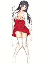 Rule 34 | 1girl, absurdres, black hair, blush, bow, breasts, breasts apart, closed mouth, collarbone, full body, gluteal fold, hakama, hakama short skirt, hakama skirt, highres, japanese clothes, long hair, looking at viewer, medium breasts, no bra, original, panties, red bow, red hakama, scan, simple background, skirt, solo, thighhighs, tony taka, underwear, white background, white panties, white thighhighs, wide sleeves