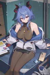 Rule 34 | 1girl, absurdres, ahoge, bare shoulders, bilibili xiaolu, blue hair, bodystocking, bodysuit, breasts, cellphone, chinese commentary, clipboard, ganyu (genshin impact), genshin impact, goat horns, gold necklace, highres, horns, jacket, jewelry, large breasts, looking at viewer, necklace, parted lips, phone, purple eyes, shoelaces, shoes, sitting, smartphone, sneakers, solo, whistle, white jacket