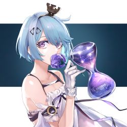 Rule 34 | 1girl, absurdres, bare shoulders, blue hair, character name, dress, eyes visible through hair, flower, girls&#039; frontline, gloves, hair ribbon, highres, looking at viewer, medium hair, mmm (ji1945), official alternate costume, purple eyes, ribbon, simple background, solo, tagme, white dress, white gloves, zas m21 (girls&#039; frontline), zas m21 (white queen) (girls&#039; frontline)