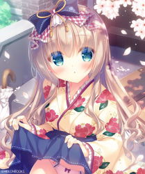 Rule 34 | 1girl, :o, black bow, blue skirt, blush, bow, bow panties, breasts, brown hair, brown kimono, closed umbrella, clothes lift, commentary request, floral print, frilled kimono, frills, green eyes, hair between eyes, hair bow, japanese clothes, kimono, lifted by self, long hair, long sleeves, looking at viewer, medium breasts, original, panties, parted lips, petals, pink panties, print kimono, skirt, skirt lift, sleeves past wrists, solo, umbrella, underwear, very long hair, white umbrella, wide sleeves, yagasuri, yukie (peach candy)