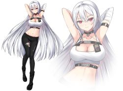 Rule 34 | 1girl, azur lane, bandaged arm, bandages, bare shoulders, black gloves, black pants, blush, boots, breasts, choker, cleavage, comradlevy, crop top, cross-laced footwear, full body, gloves, hair between eyes, lace-up boots, large breasts, long hair, looking at viewer, mole, mole under eye, multiple views, navel, pants, police, police badge, police uniform, policewoman, red eyes, shirt, silver hair, simple background, smile, sovetskaya rossiya (azur lane), sovetskaya rossiya (the lackadaisical lookout) (azur lane), torn clothes, uniform, white background