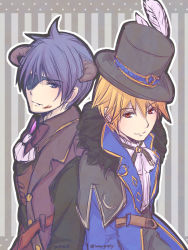 Rule 34 | 2boys, black bow, black bowtie, black headwear, black pants, blonde hair, blue coat, blue eyes, blue hair, bow, bowtie, brown bow, brown bowtie, brown coat, closed mouth, coat, commentary request, dated, eyepatch, grey background, hair between eyes, hat, hat feather, highres, looking at viewer, male focus, multiple boys, outline, pants, ragnarok masters, ragnarok online, red eyes, shirt, short hair, smile, striped, striped background, tomo-graphy, top hat, twitter username, upper body, white outline, white shirt